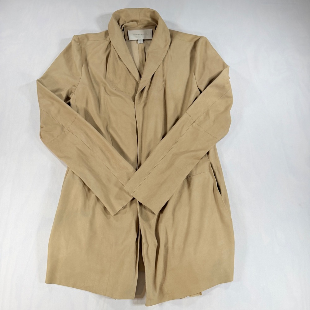 Brochu Walker Leather Jacket Silk Open Front Draped Cardigan Coat Tan Beige P XS
